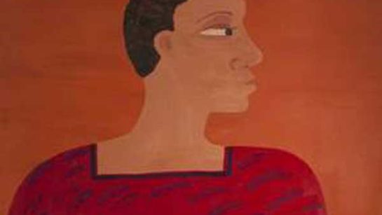 Oil painting of afro-Caribbean lady looking to the right hand side wearing bright red dress.