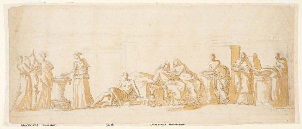 Loosely sketched group of figures picked out with bistre wash.