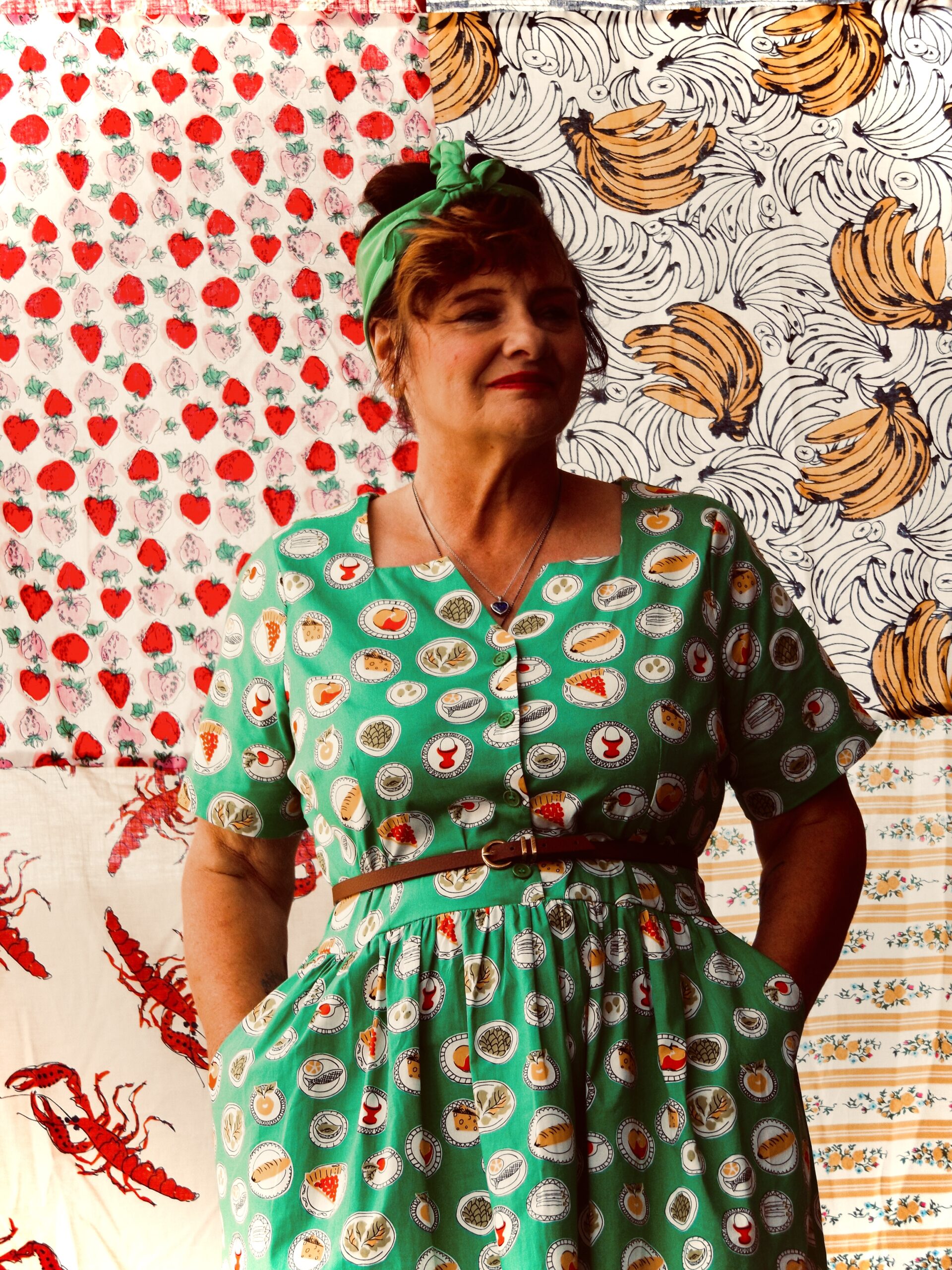 Image of a model wearing the famous food plate Horrockses pattern