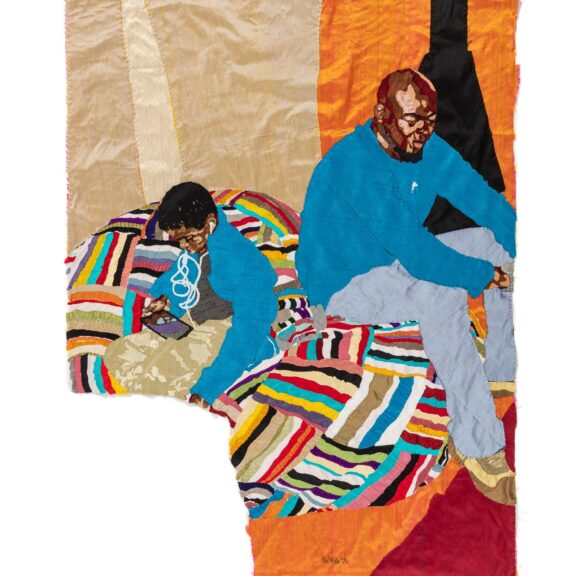‘Sweetest Devotion’, a hand-stitched silk collage by Malawi-born, Johannesburg-based artist Billie Zangewa