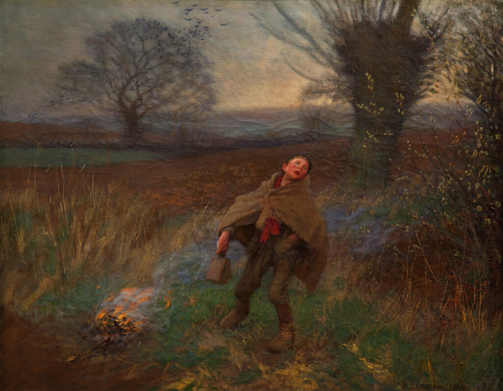 Painting of a man scaring birds