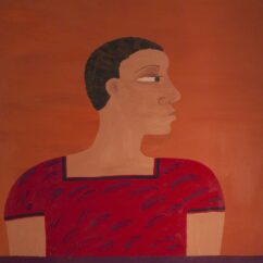 Image of a painting of a woman featuring bold orange and red colours