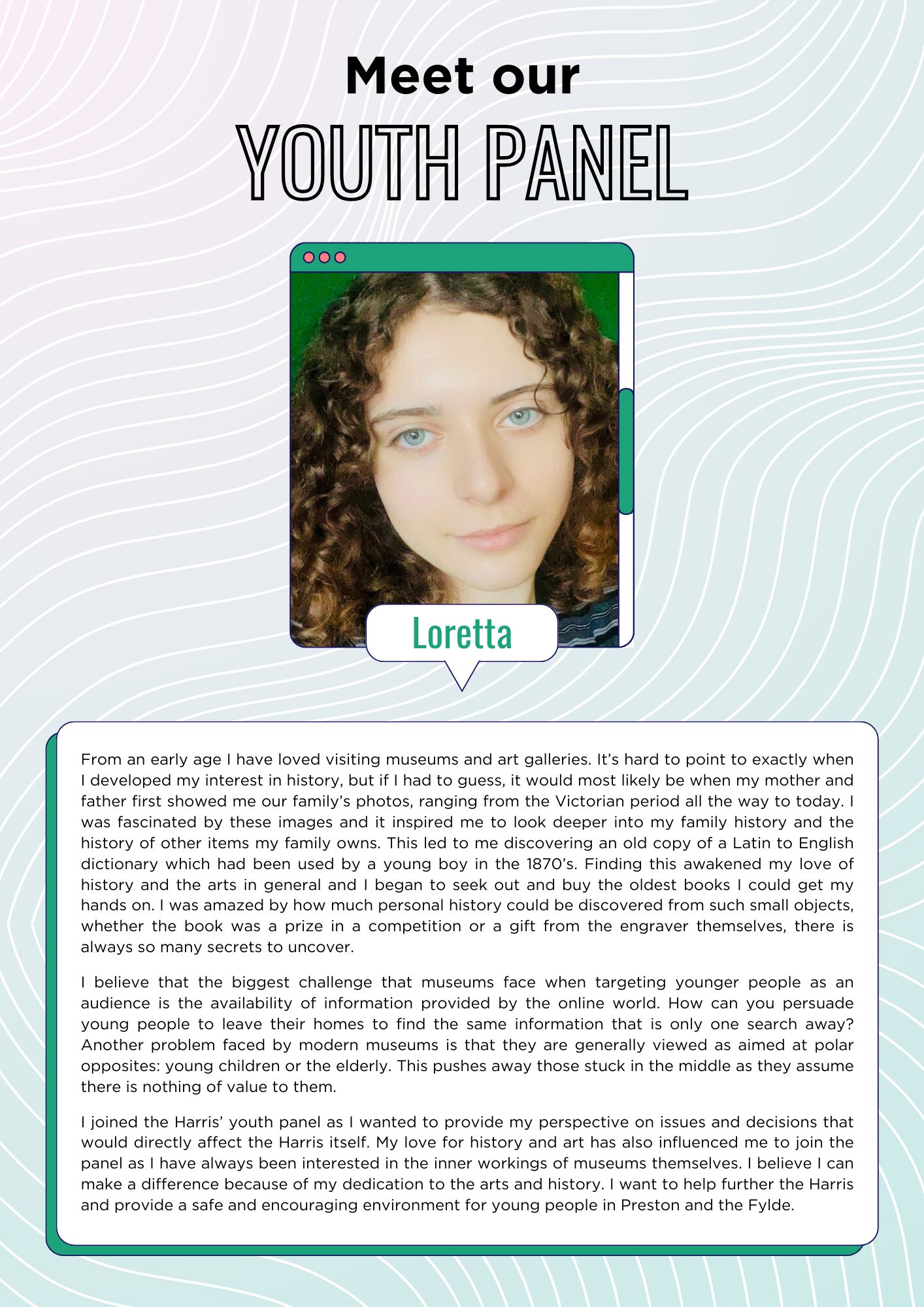 Loretta's youth panel profile.