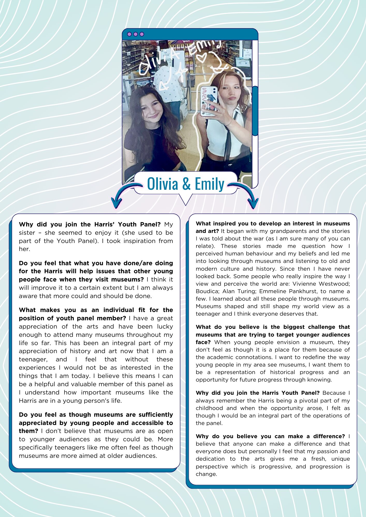 Olivia and Emily's youth panel profile.