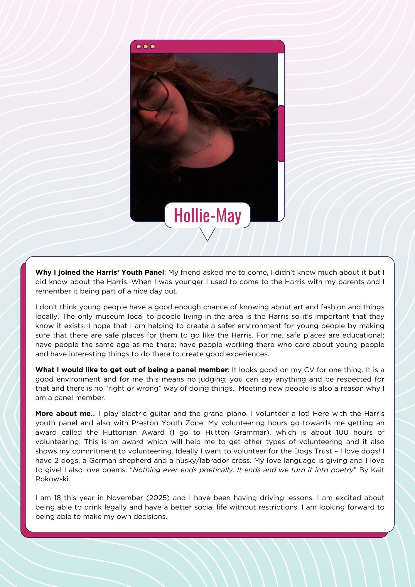 Hollie-May's youth panel profile.