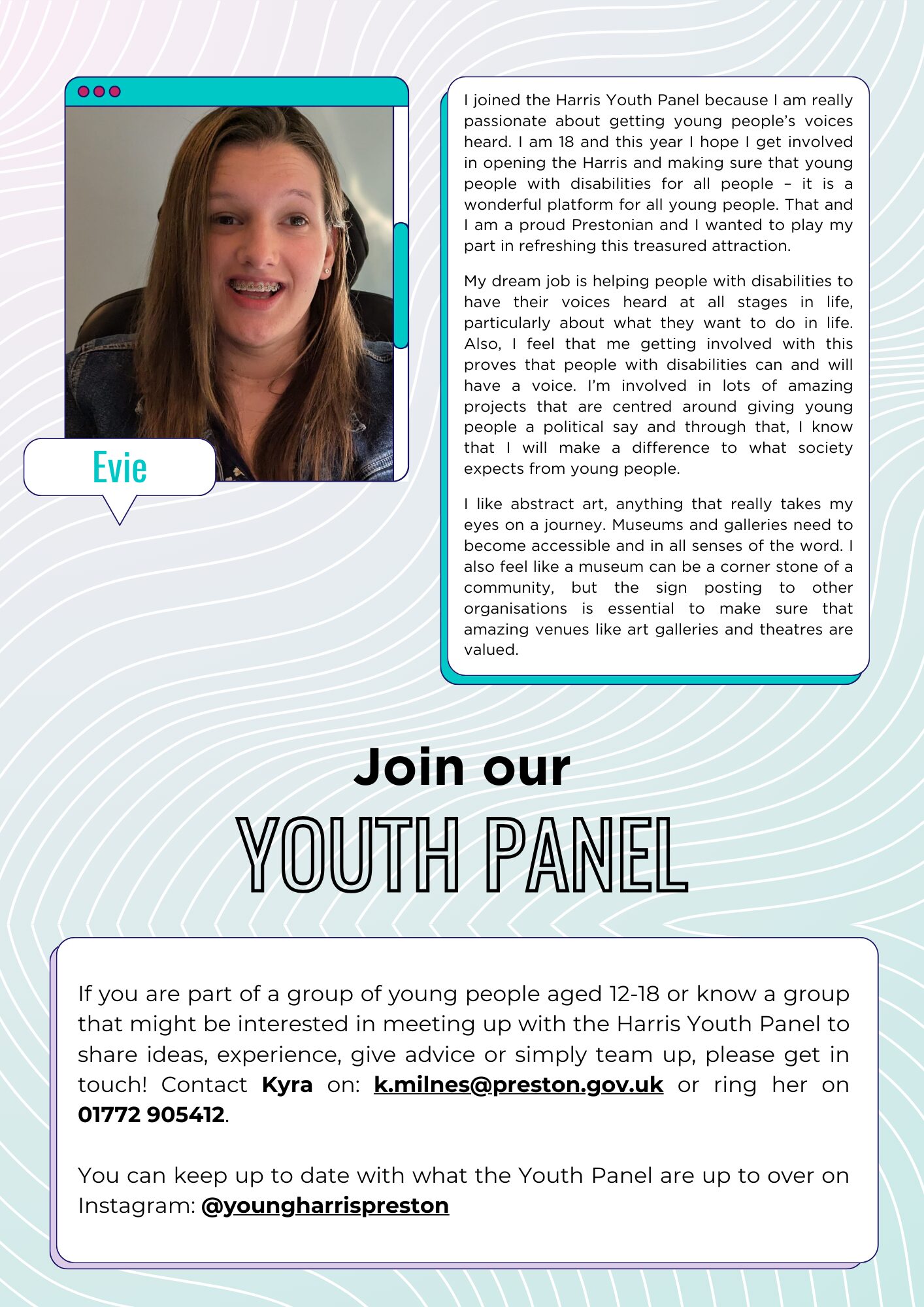 Evie's youth panel profile.