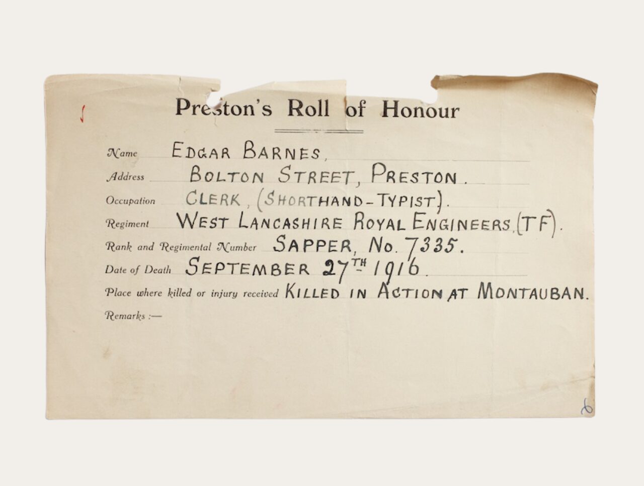 A form submitted detailing the death of a soldier from Preston.