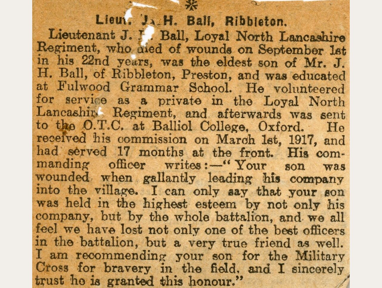 A newspaper clipping detailing the death of a soldier from Preston.