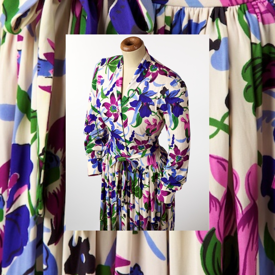 A cream, purple, blue and green patterned dress.