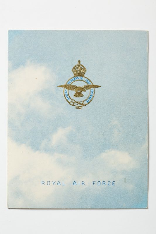 A white and blue postcard featuring the RAF emblem.
