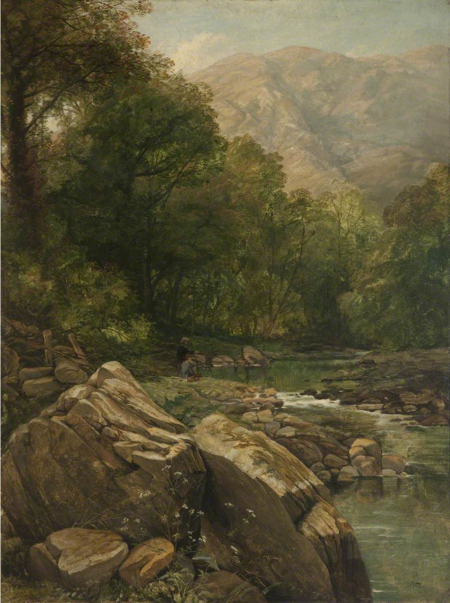 A painting showing a small stream with rockery and greenery in the background.
