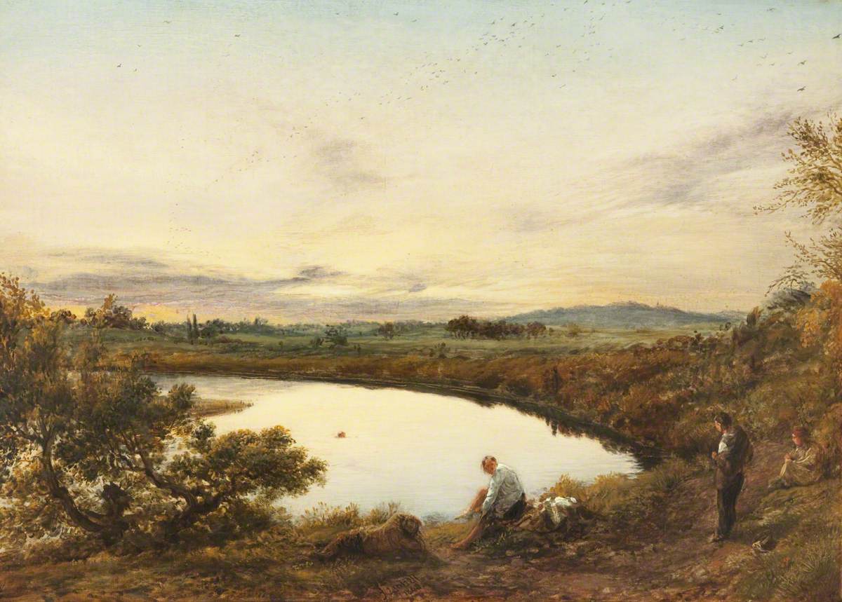 A painting showing a lake and grassland, with a group of boys sitting on the grass as the sun sets.