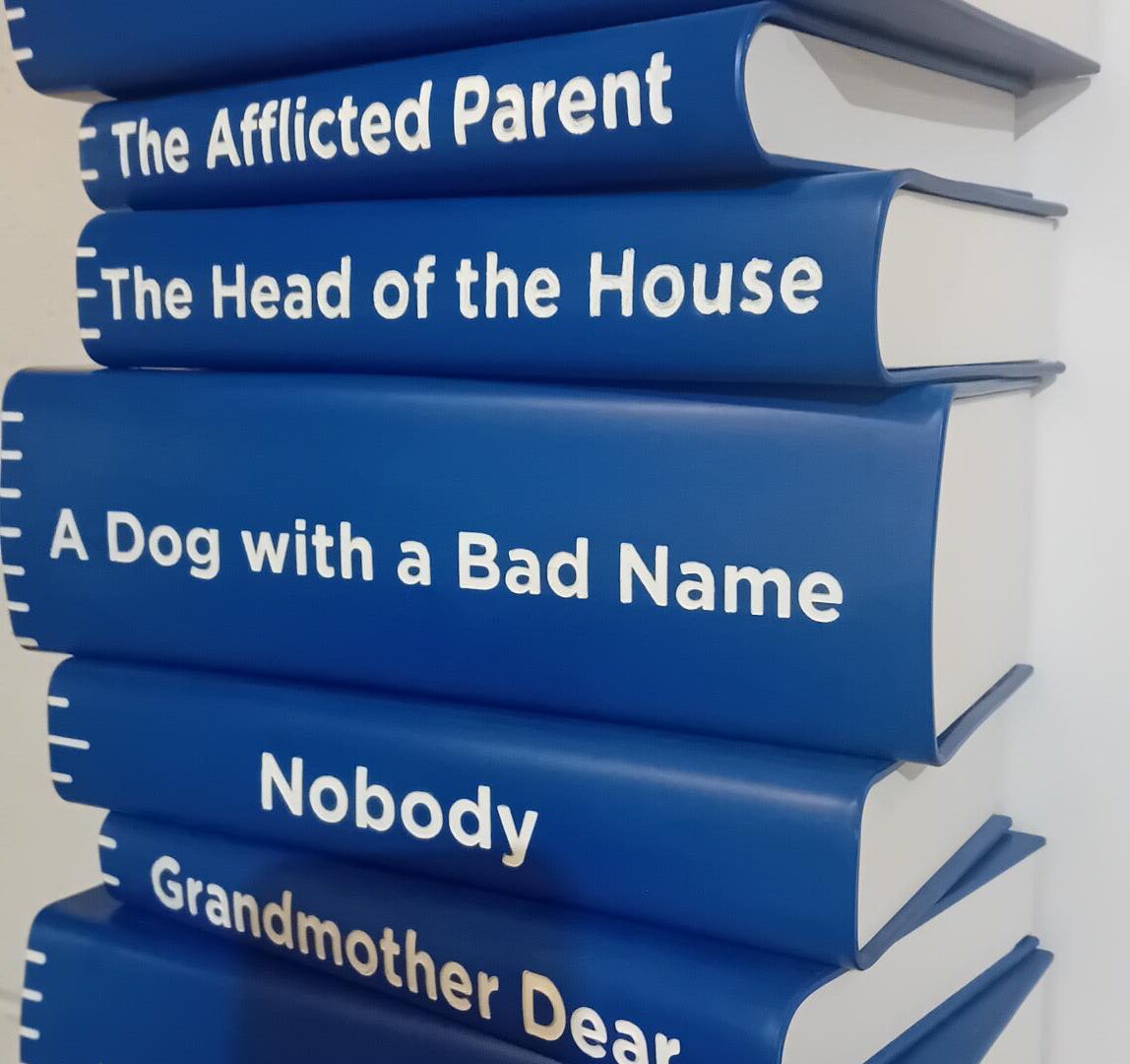 A stack of blue plastic books.