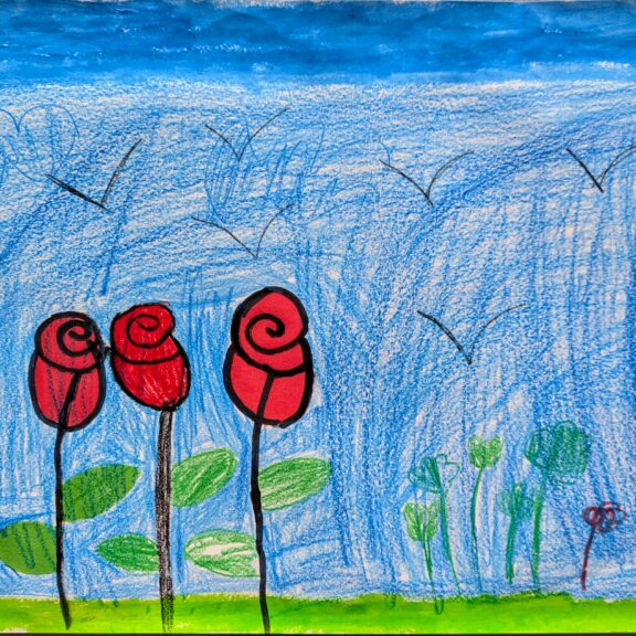 Artwork of red roses on a blue sky background