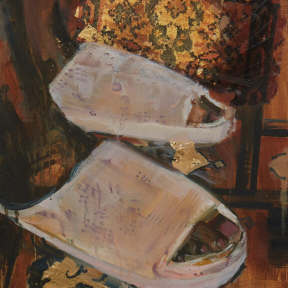 A painting of white slippers on a ornate and decorative carpet.