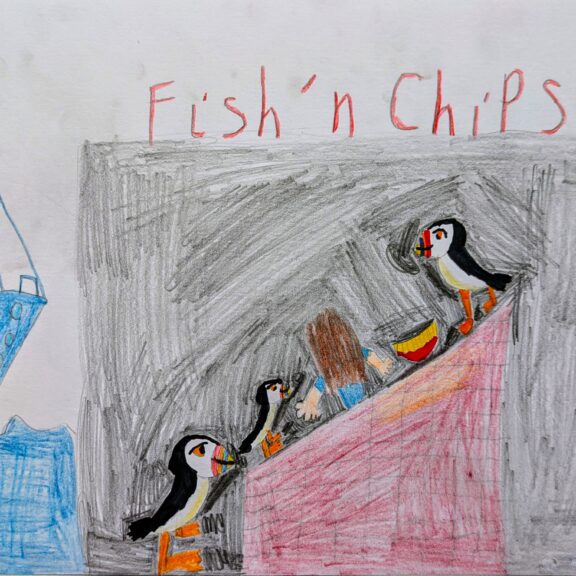 Artwork with puffins and the words 'fish and chips'