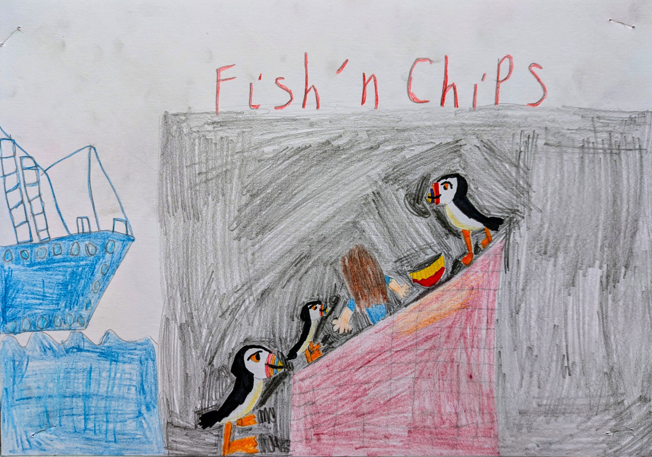 Artwork with puffins and the words 'fish and chips'