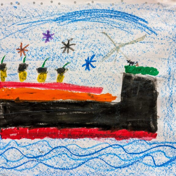 Artwork of a black, orange and red boat sailing across the sea.