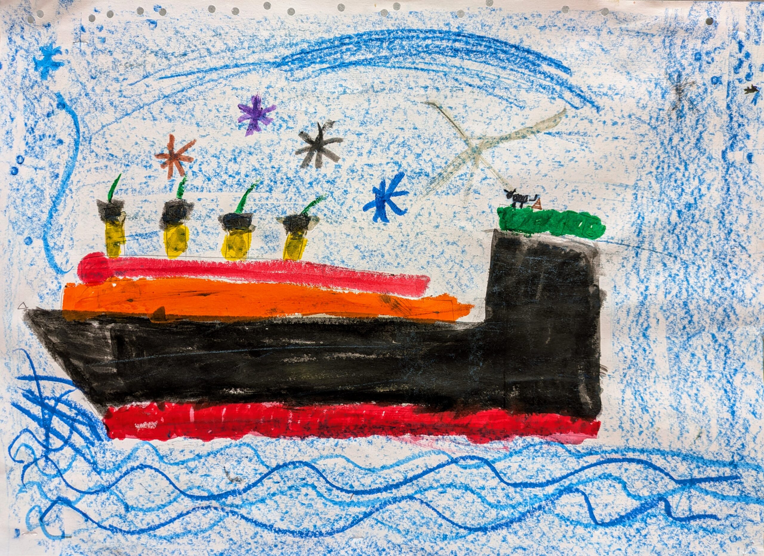 Artwork of a black, orange and red boat sailing across the sea.