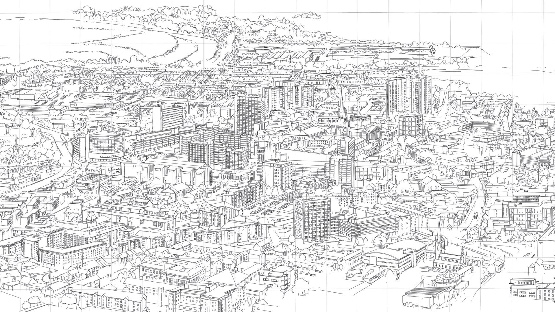 A birds-eye view sketch of Preston.