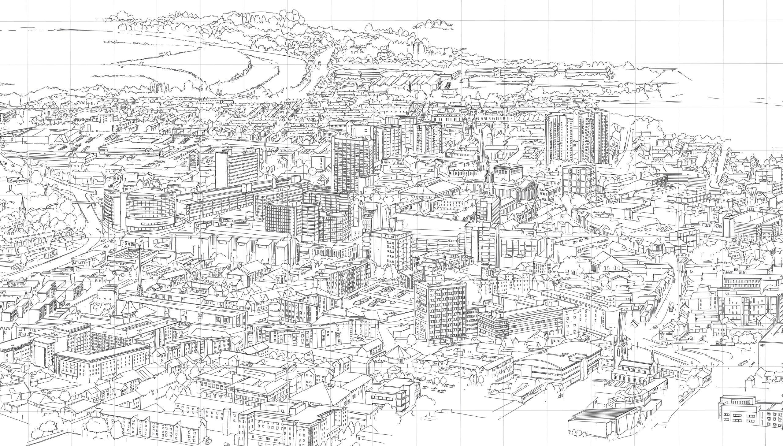 A birds-eye view sketch of Preston.