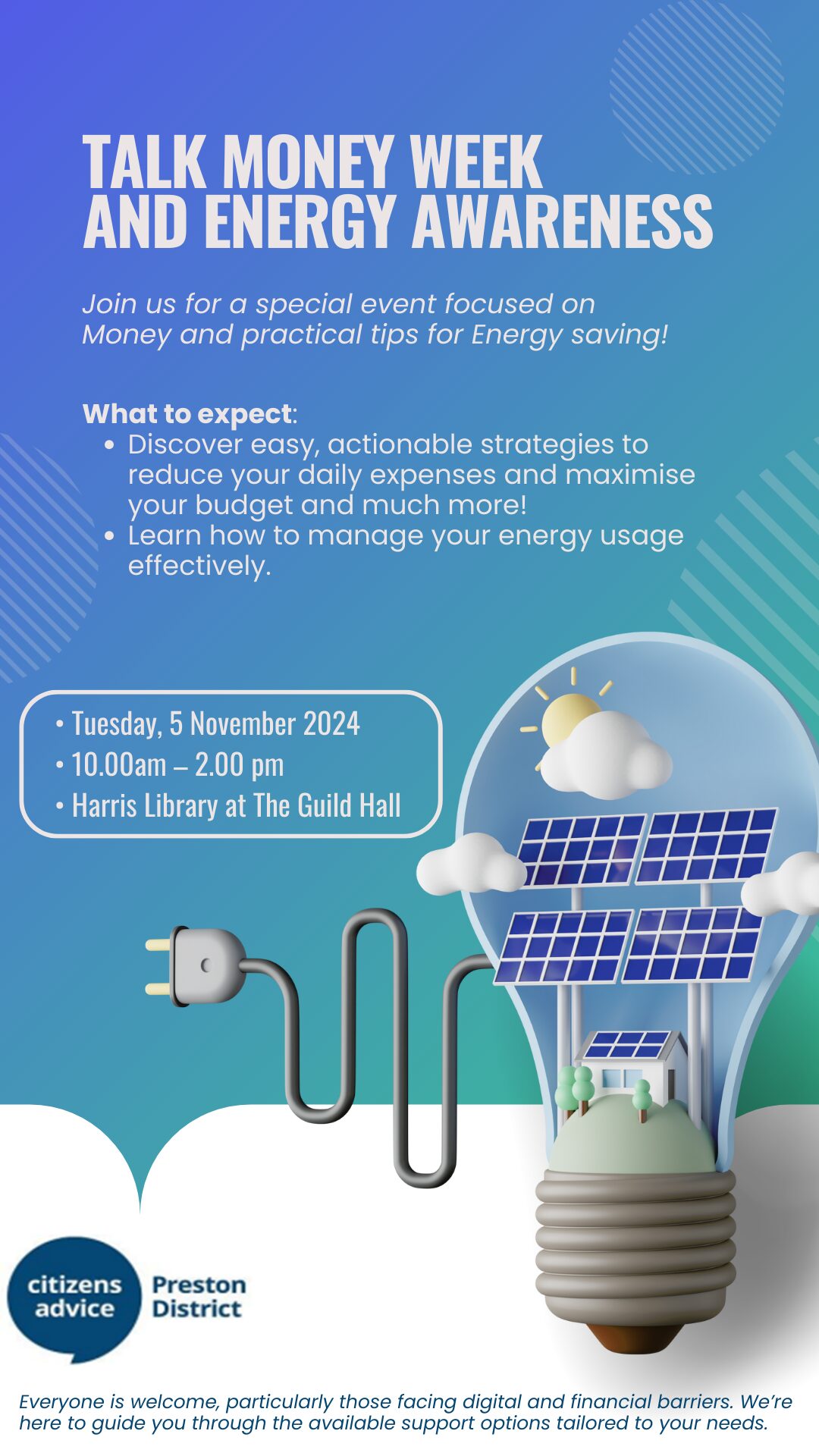 Image of a blue poster with white text and and a lightbulb.