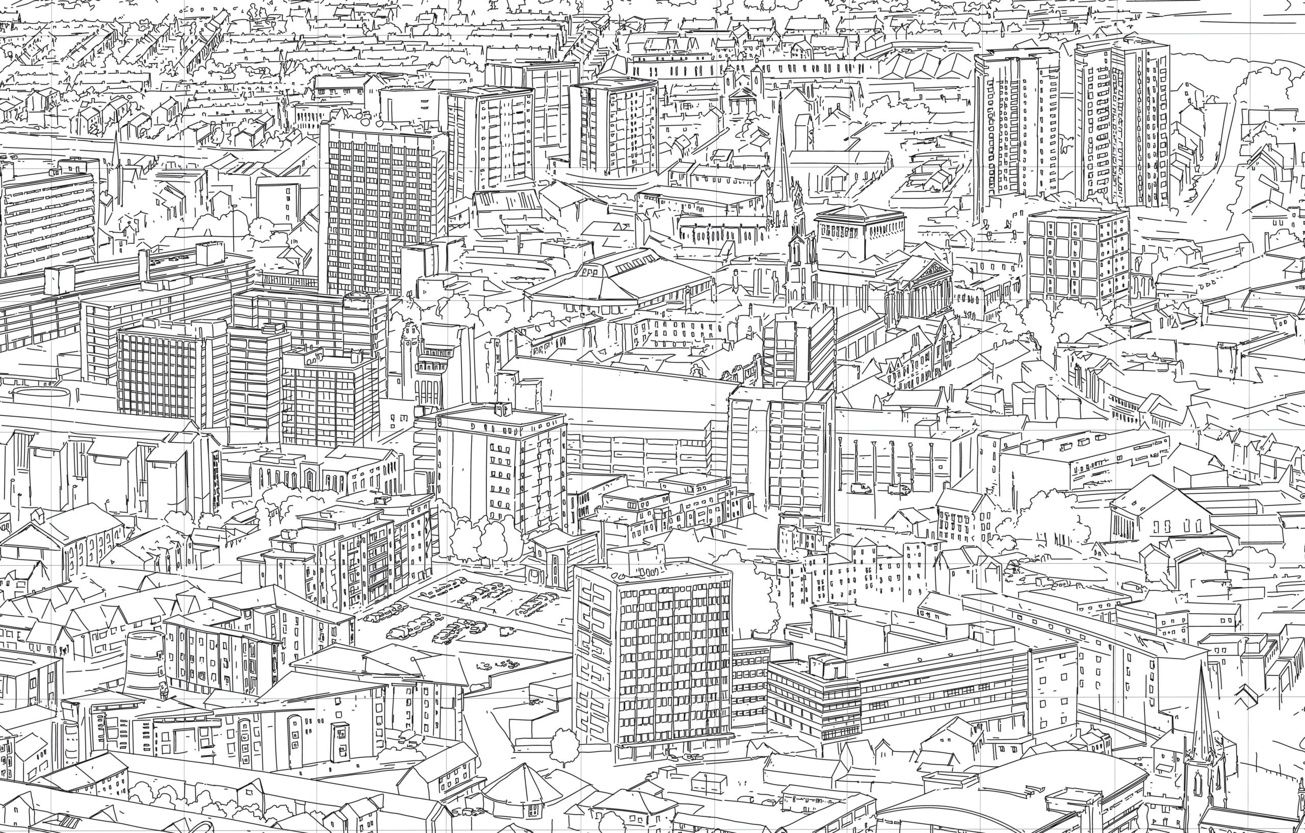 A close-up birds-eye view sketch of Preston.