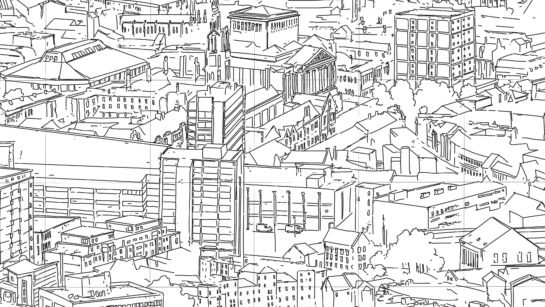 A close-up birds-eye view sketch of Preston.