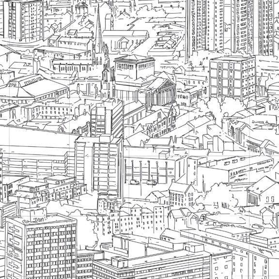 A close-up birds-eye view sketch of Preston.