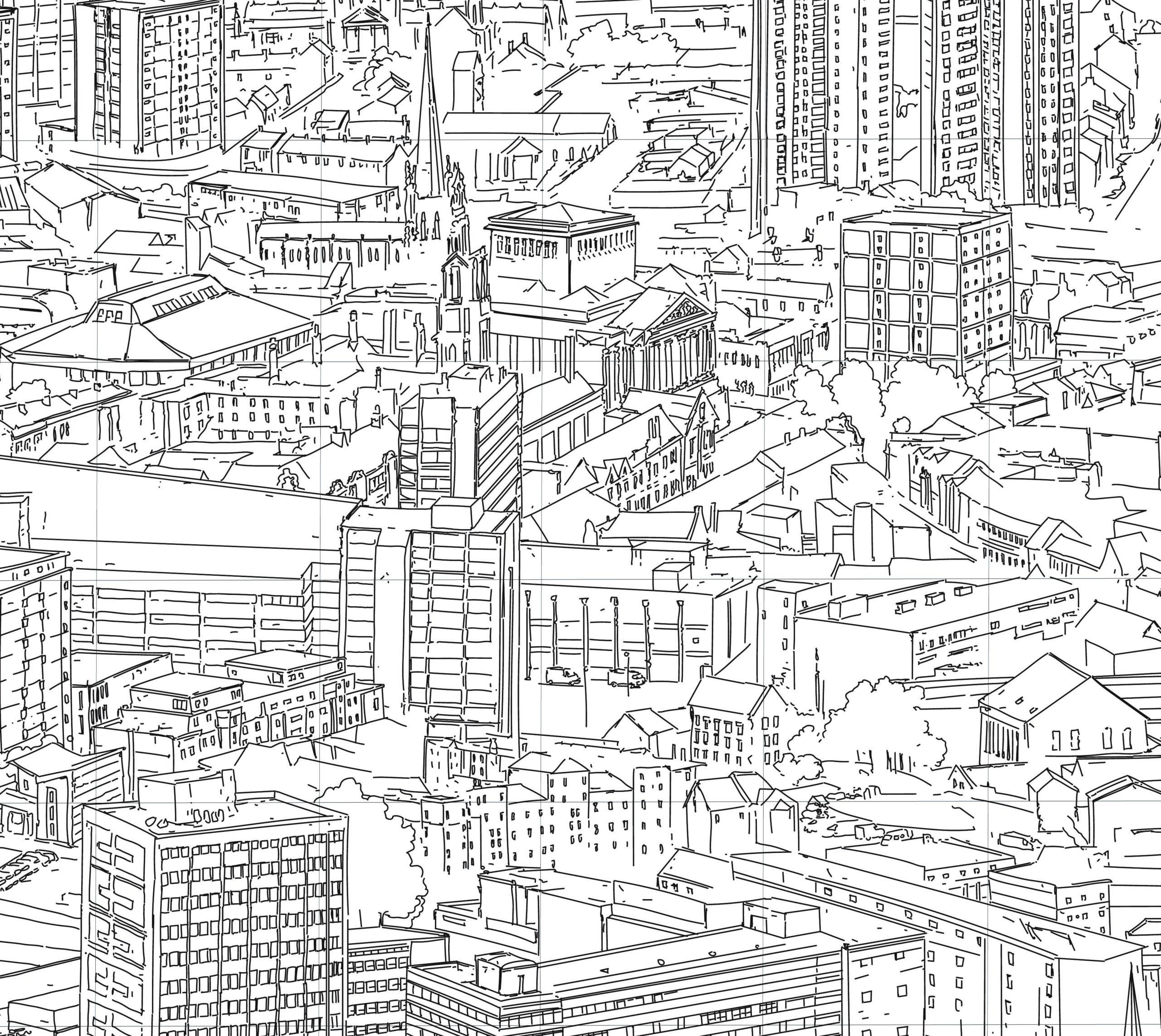 A close-up birds-eye view sketch of Preston.