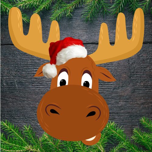 A cartoon elk wearing a Christmas hat