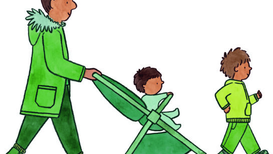 An illustration of a mother with her two children, one child is being pushed in a pram.