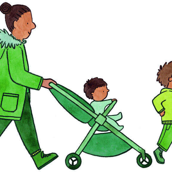 An illustration of a mother with her two children, one child is being pushed in a pram.