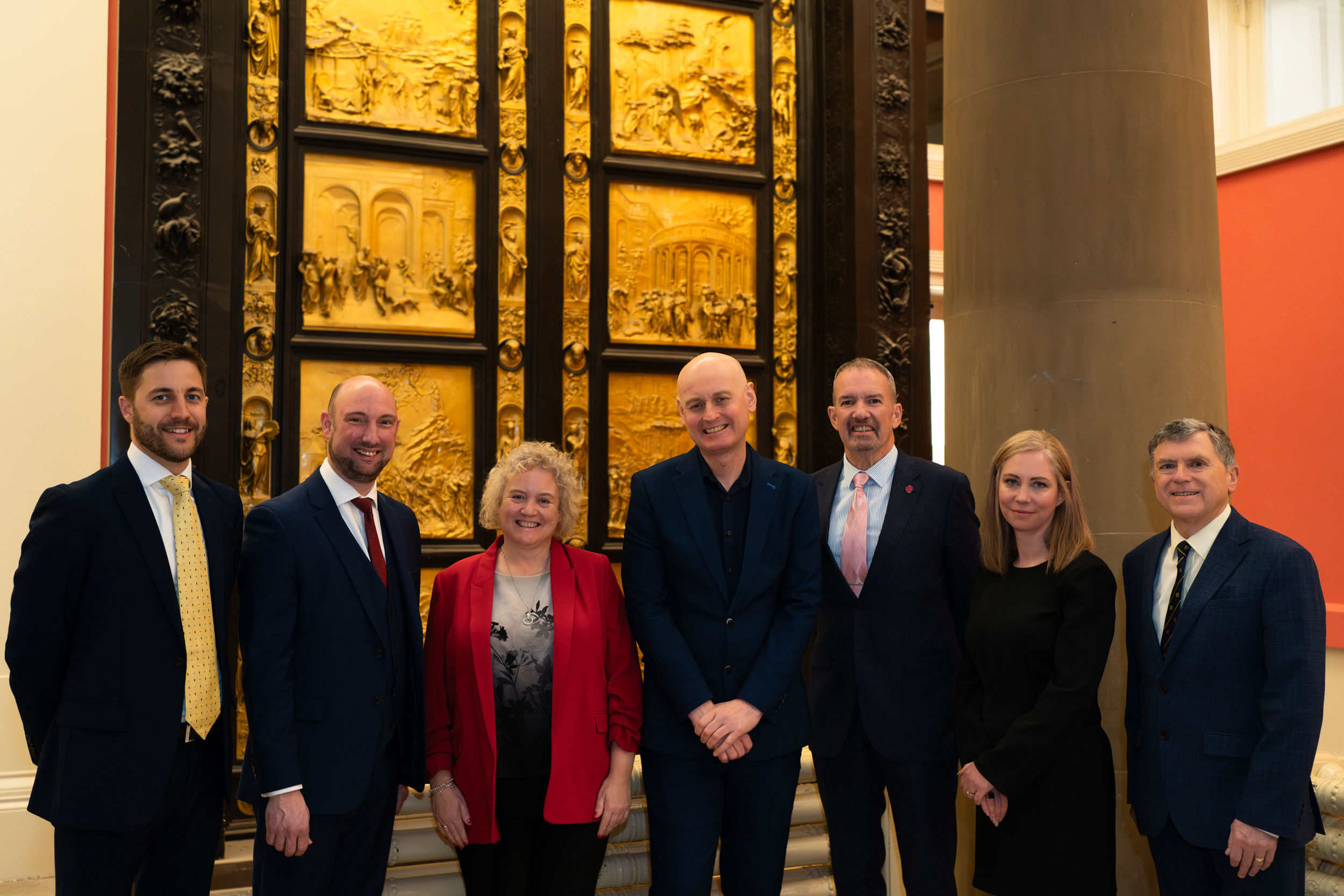 Harry Coughlin, Director, The Hub Consulting Limited standing next to Timothy Joel, Assistant Director (Head of Culture) at Preston City Council standing next to Councillor Anna Hindle, Cabinet Member for Culture and Arts at Preston City Council standing next to Councillor Matthew Brown, Leader of Preston City Council standing next to Michael Conlon, Chairman of Conlon Construction standing next to Sarah Threlfall, Deputy Chief Executive and Director of Community and Wellbeing at Preston City Council standing next to County Councillor Peter Buckley, Cabinet Member for Community and Cultural Services at Lancashire County Council