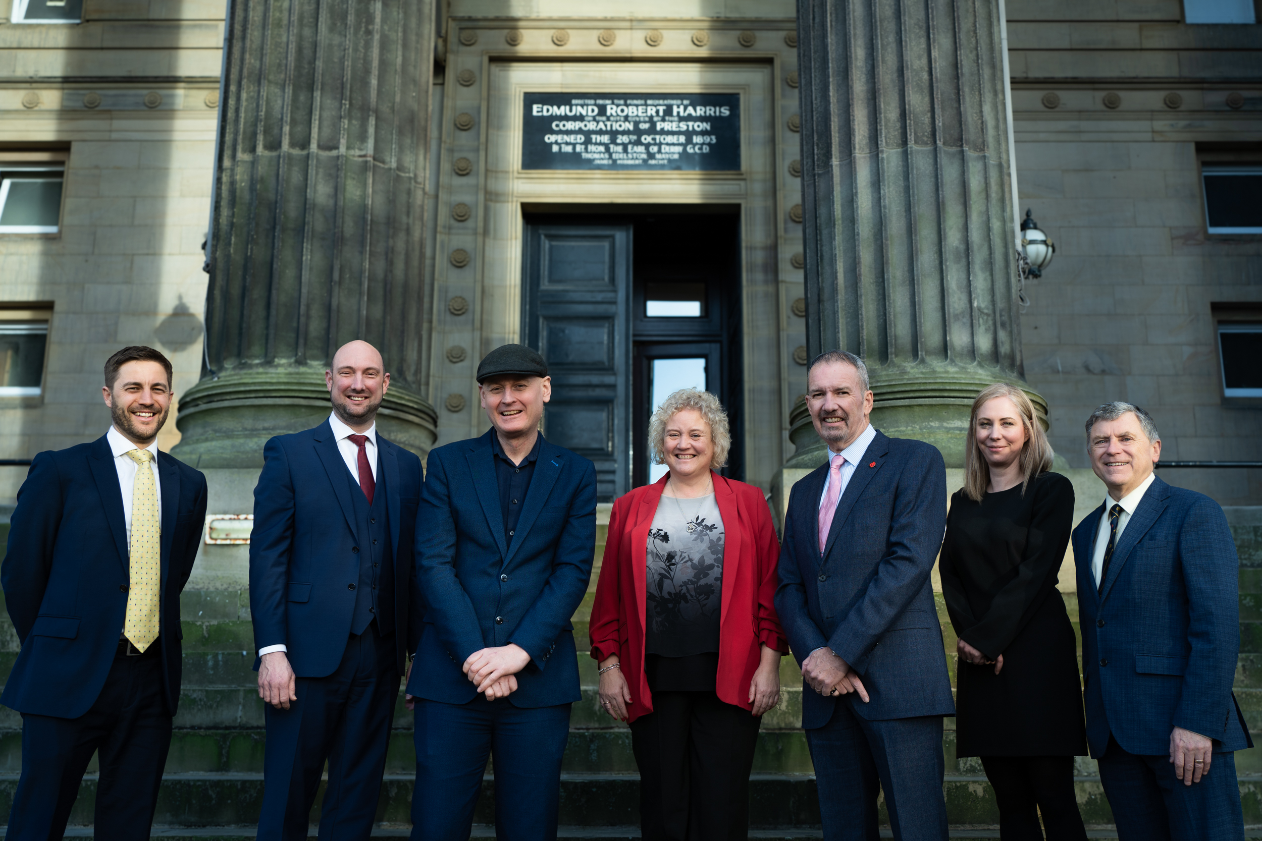 Harry Coughlin, Director, The Hub Consulting Limited standing next to Timothy Joel, Assistant Director (Head of Culture) at Preston City Council standing next to Councillor Anna Hindle, Cabinet Member for Culture and Arts at Preston City Council standing next to Councillor Matthew Brown, Leader of Preston City Council standing next to Michael Conlon, Chairman of Conlon Construction standing next to Sarah Threlfall, Deputy Chief Executive and Director of Community and Wellbeing at Preston City Council standing next to County Councillor Peter Buckley, Cabinet Member for Community and Cultural Services at Lancashire County Council