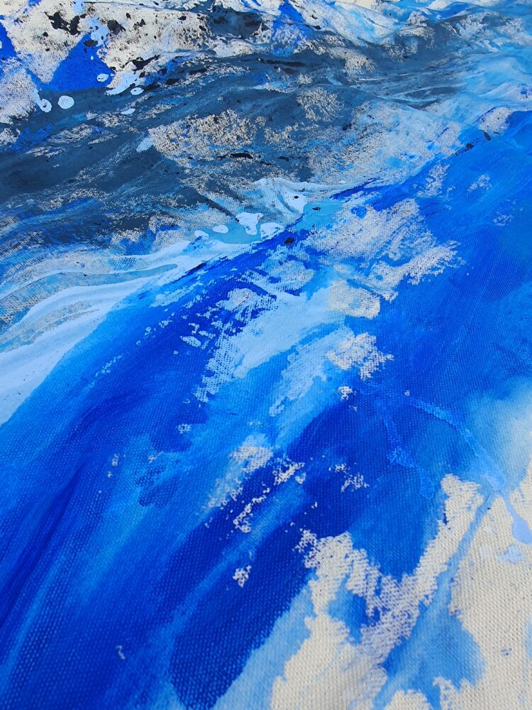 Abstract painting with vibrant blue and white brushstrokes, creating an impression of waves or clouds in motion. The mood is dynamic and fluid.