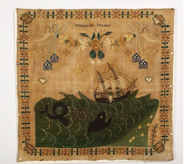 Pictorial sampler, featuring two men in a ship who dangle a third man overboard, while a large black fish with sharp teeth and a curled tail swims alongside in a stormy sea