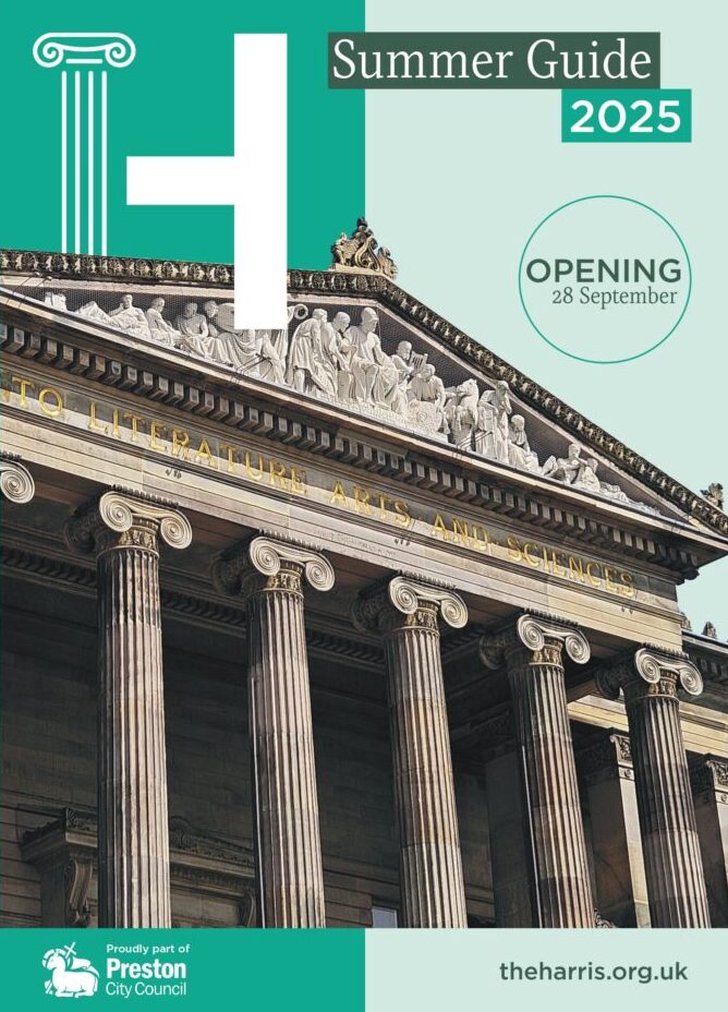 Front cover of the summer guide, featuring a two tone green background and the exterior of the Harris.