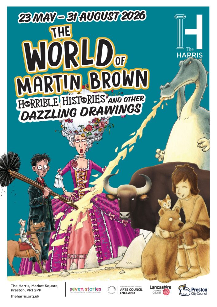 Poster for "The World of Martin Brown" at The Harris, May 23-August 31, 2026. Features colorful, quirky historical characters with whimsical expressions.