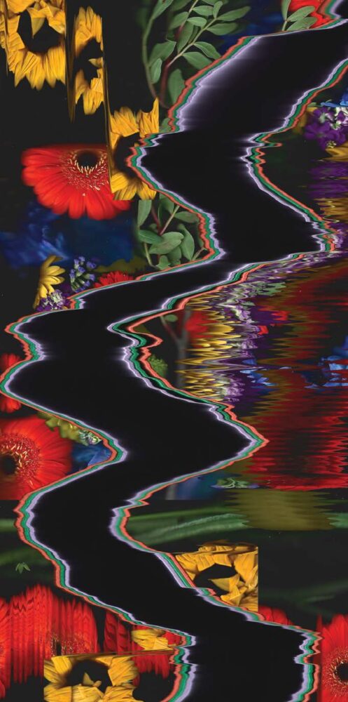 A red, yellow, blue and black abstract flower painting.