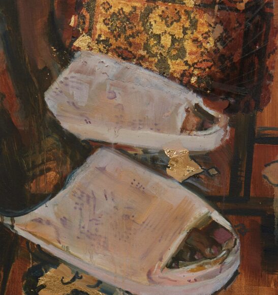 A close up of a painting of feet in white sandals
