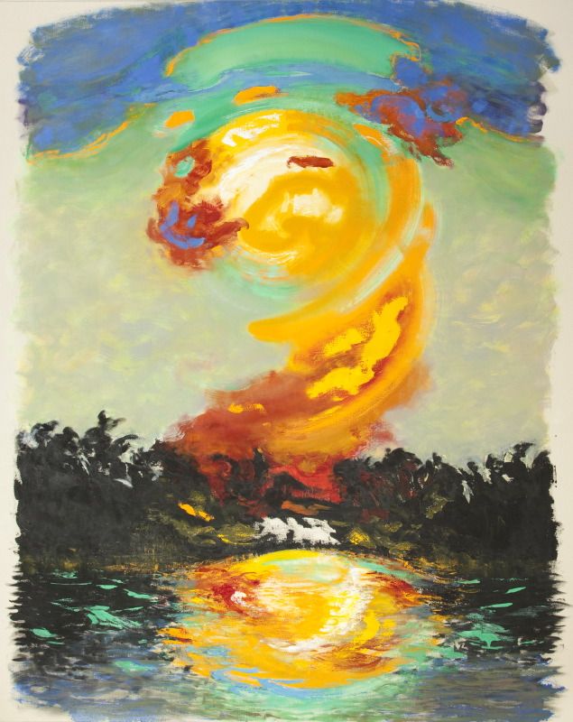A painting of a sunrise above water.