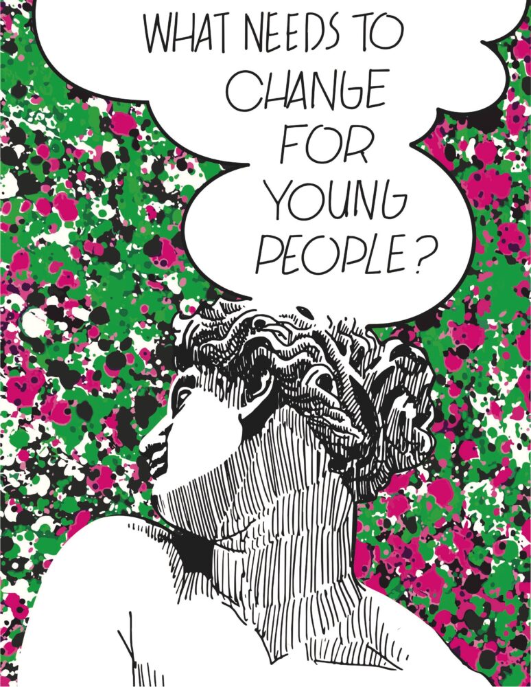 A colourful illustration of Clytie with a thought bubble above her head.