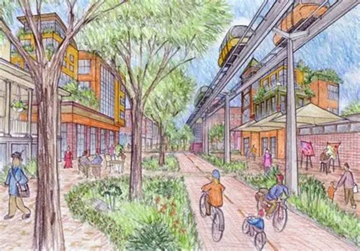 Image of a colourful drawing with people riding bikes through a city centre.