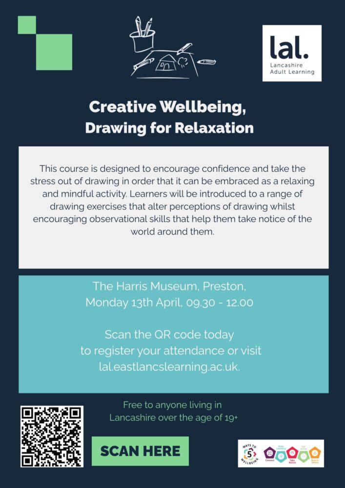 A dark blue poster promoting the Lancashire Adult Learning: Drawing for Relaxation event