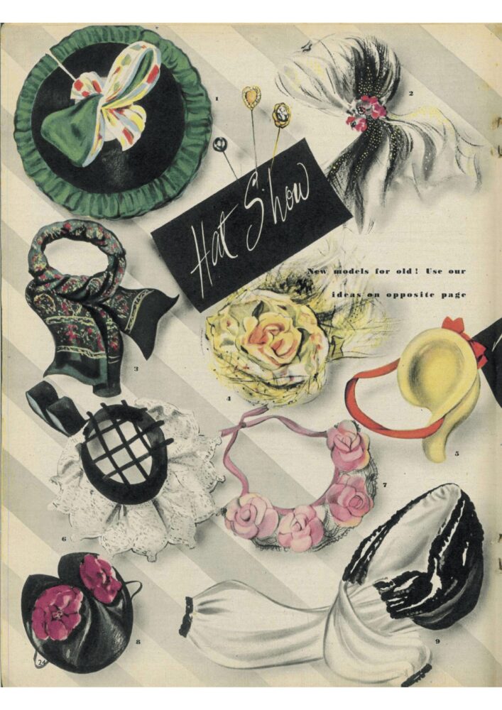 Vintage hat advertisement featuring nine various hats on a striped background. Each hat is unique, with floral patterns, bows, and feather details. The tone is whimsical and elegant, highlighting a "Hat Show".