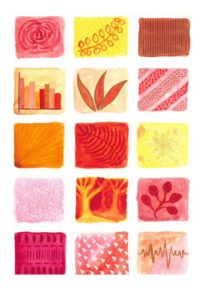 A grid of 15 colorful abstract sketches in warm reds, oranges, and yellows. Designs vary from swirls and lines to leaves and patterns, conveying creativity.
