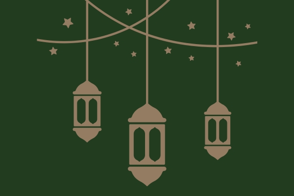 Three ornate lanterns hang from curved lines against a dark green background, surrounded by scattered stars, creating a festive and serene atmosphere.