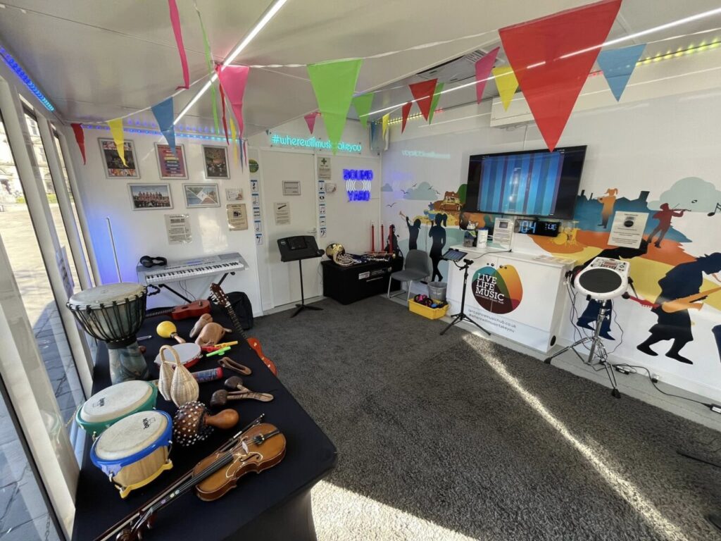 Image of a music room with instruments laid out around the sides.