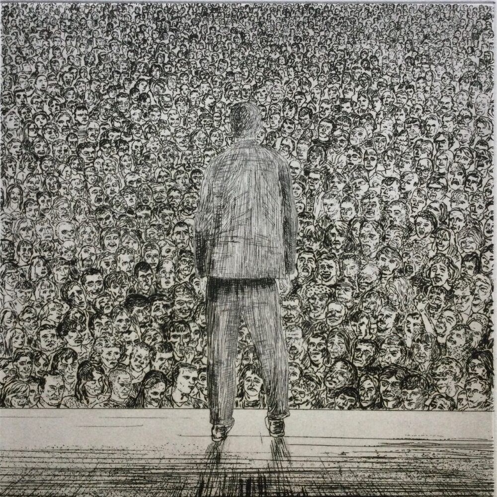 A solitary figure stands on a stage facing a massive, tightly packed crowd. The scene is monochrome with intricate linework, creating a sense of anticipation.